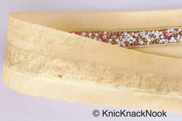 Beige Fabric Trim With Copper, Gold And White Beads Embellishments, Beaded Trim